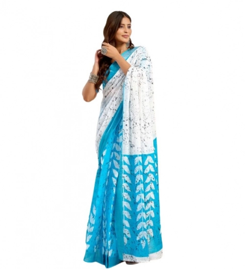 Women's Faux Linen Leaf Print Ready to wear Saree With Unstitched Blouse 5.5Mtr (SkyBlue & White) Women's Faux Linen Leaf Print Ready to wear Saree With Unstitched Blouse 5.5Mtr (SkyBlue & White)
