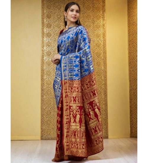 Women's Silk Blend Zari Weaving Saree With Unstitched Blouse 5.5Mtr (Blue)