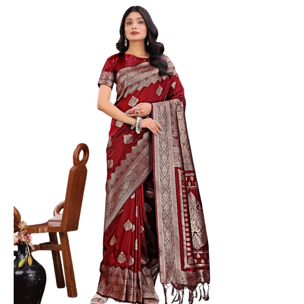 Women's Silk Printed Saree With Unstitched Blouse 5.5Mtr (Maroon) Women's Silk Printed Saree With Unstitched Blouse 5.5Mtr (Maroon)