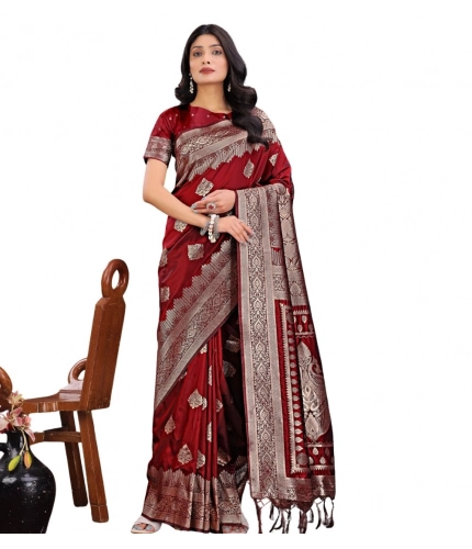 Women's Silk Printed Saree With Unstitched Blouse 5.5Mtr (Maroon)
