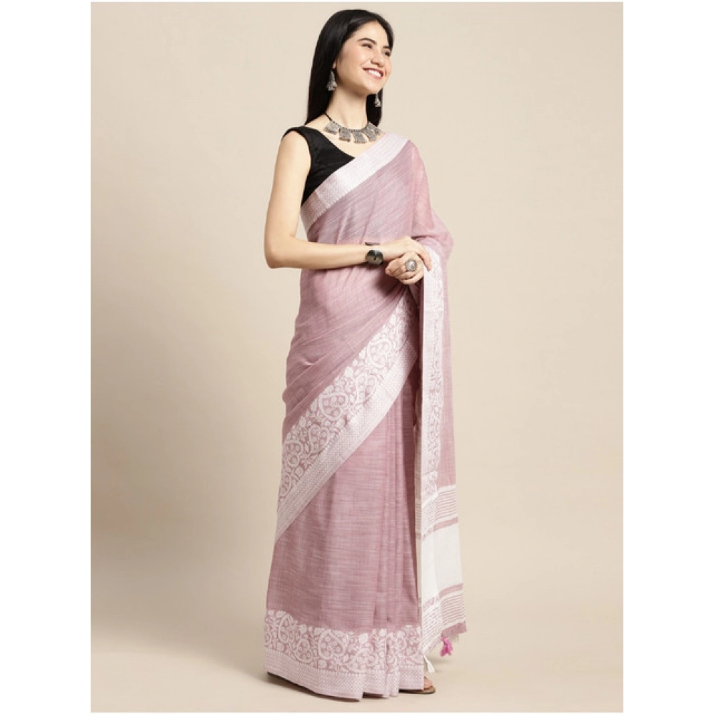 Women's Linen Printed Saree With Unstitched Blouse 5.5Mtr (Purple) Women's Linen Printed Saree With Unstitched Blouse 5.5Mtr (Purple)