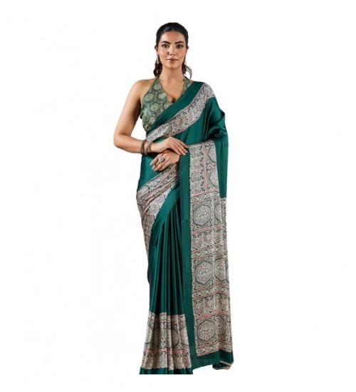 Women's Satin Crepe Printed Saree With Unstitched Blouse 5.5Mtr (Green)