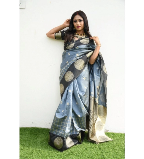 Women's Soft Lichi Silk Printed Saree With Unstitched Blouse 5.5Mtr (Grey)