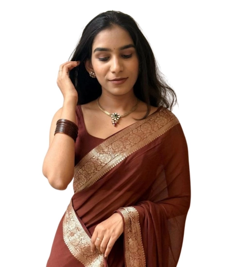 Women's Vichitra Silk Printed Saree With Unstitched Blouse 5.5Mtr (Brown)