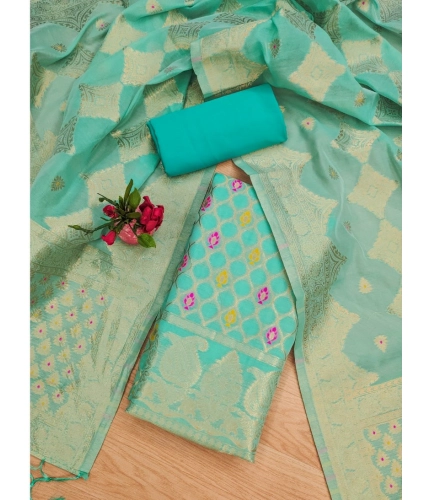 Women's Banarasi Silk Printed Unstitched Salwar Suit Material With Dupatta (sea green, 3Mtrs)