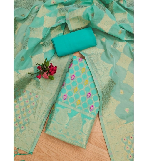 Women's Banarasi Silk Printed Unstitched Salwar Suit Material With Dupatta (sea green, 3Mtrs)