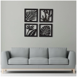 7 Decore Wooden 4 Pieces Square Tree Leaf Wall Art Panel Frame – Black (Big Size)