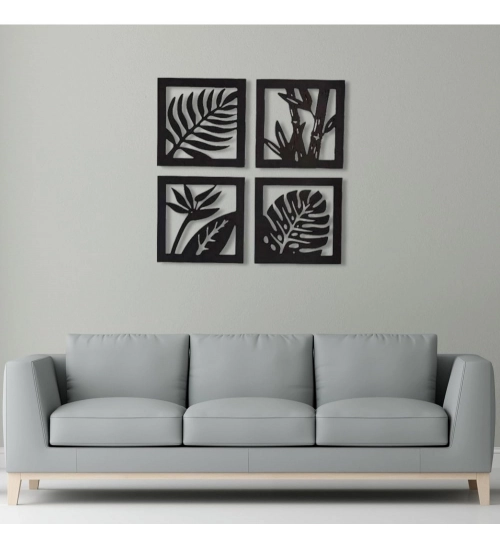 7 Decore Wooden 4 Pieces Square Tree Leaf Wall Art Panel Frame – Black (Big Size)