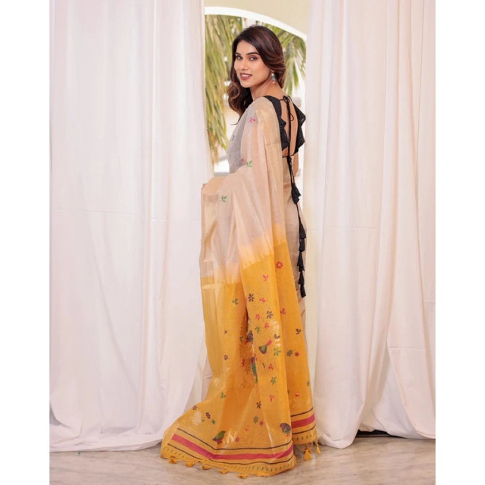 Women's Blended_Cotton Woven_Motifs Saree With Unstitched Blouse 5.5Mtr (Yellow)