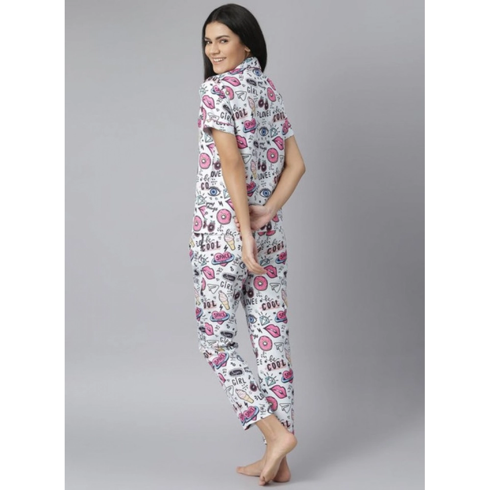 Women's Cotton Blend Printed Short Sleeve Night Suit (Multicolor) Women's Cotton Blend Printed Short Sleeve Night Suit (Multicolor)