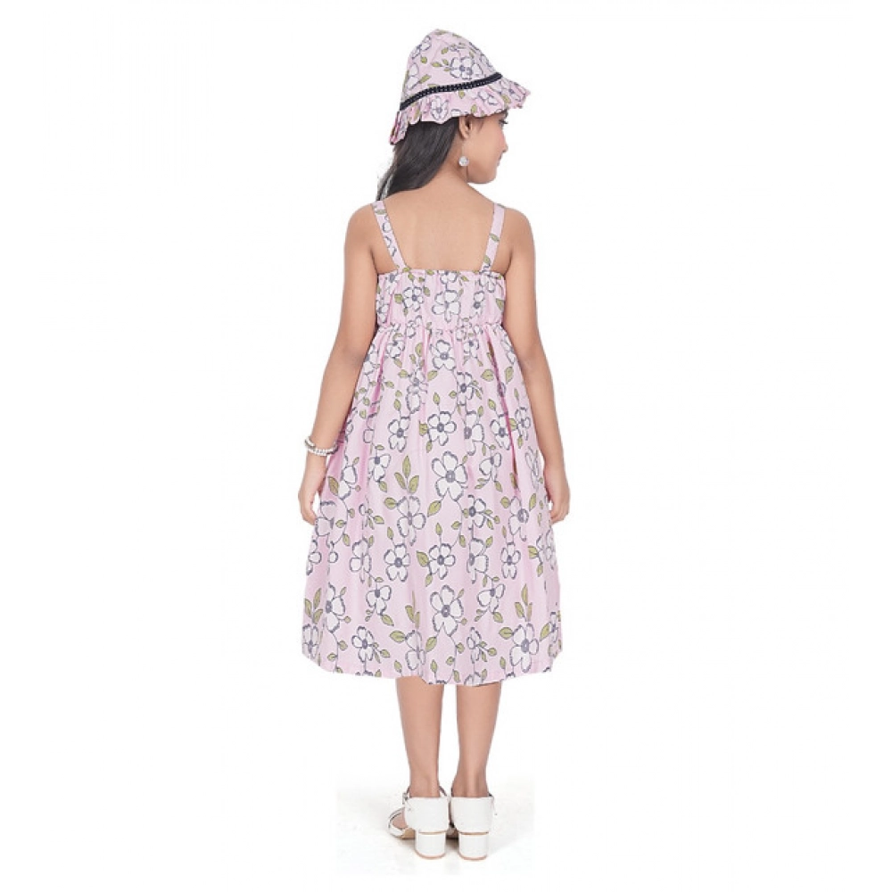 Girl's Cotton Printed Sleeve Less Round Neck Dress (Pink)