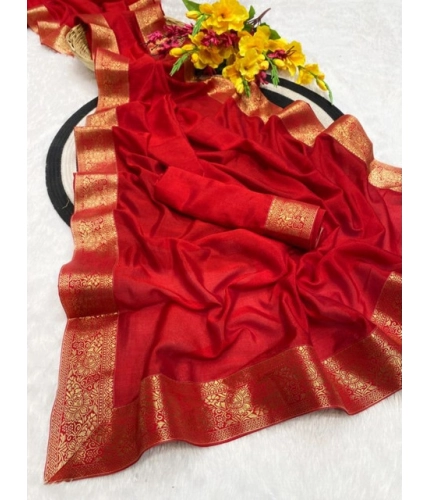 Women's Vichitra Silk Printed Saree With Unstitched Blouse 5.5Mtr (Red)
