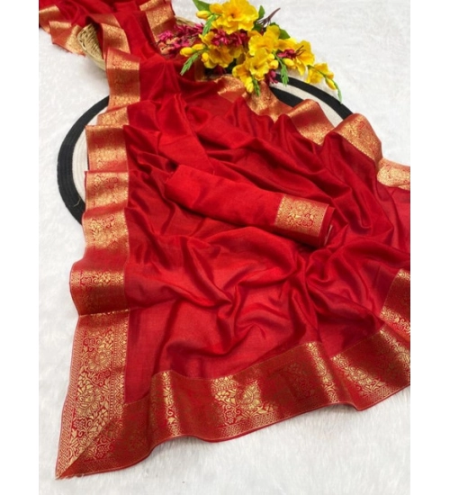 Women's Vichitra Silk Printed Saree With Unstitched Blouse 5.5Mtr (Red)
