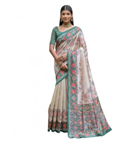 Women's Faux_Tussar Floral Jal With Patola Print Saree With Unstitched Blouse 5.5Mtr (Teal)