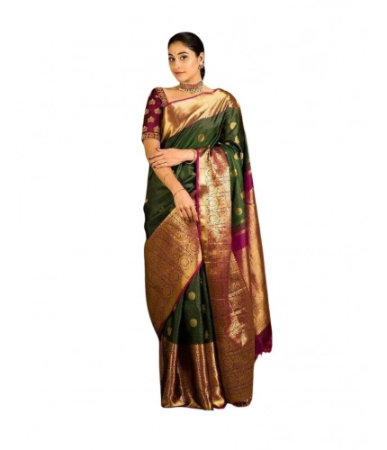 Women's Soft Lichi Silk Printed Saree With Unstitched Blouse 5.5Mtr (Green)