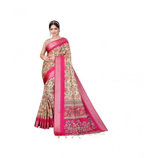 Women's Cotton Silk  Printed Saree With Unstitched Blouse 5.5Mtr (Pink)