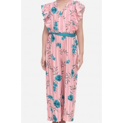 Girl's Rayon Floral Flutter Jumpsuit (Pink-Blue)