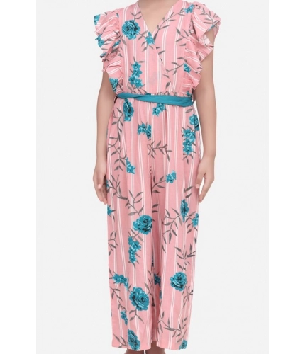 Girl's Rayon Floral Flutter Jumpsuit (Pink-Blue)