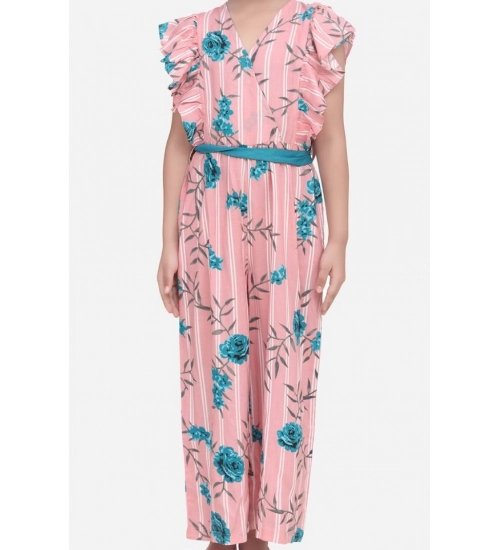 Girl's Rayon Floral Flutter Jumpsuit (Pink-Blue)