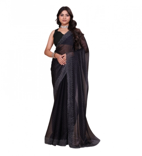 Women's Jimmy choo Embellished Bollywood Saree With Unstitched Blouse 5.5Mtr (Black)