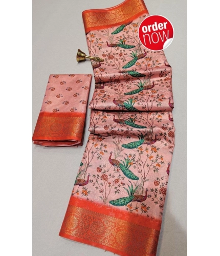 Women's Digital Dolla Silk Printed Saree With Unstitched Blouse 5.5Mtr (Orange)