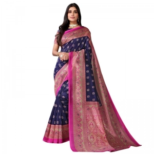 Generic Women's Litchi silk Printed Saree With Unstitched Blouse  5-6 Mtrs (Navy Blue)