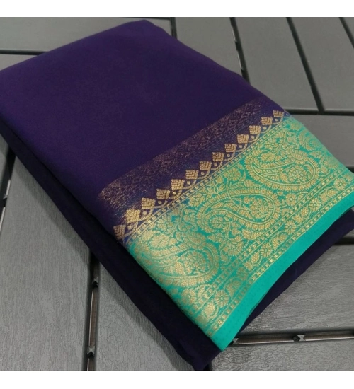 Women's Crepe Chit Pallu Solid Saree With Unstitched Blouse 5.5Mtr (Blue)