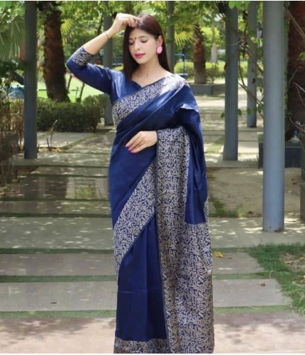 Women's Soft Lichi Silk Printed Saree With Unstitched Blouse 5.5Mtr (Blue)