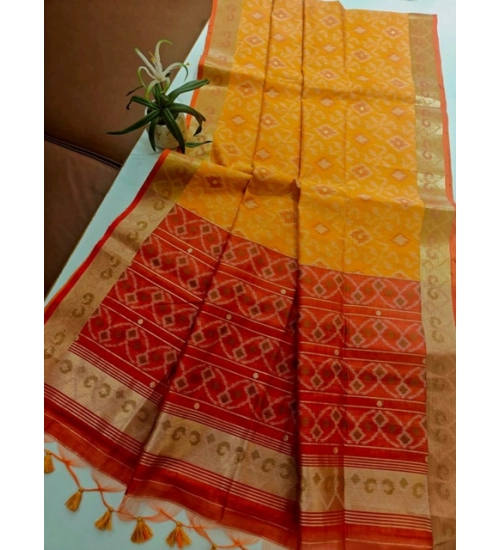 Women's Raw Silk Ikkat Saree With Unstitched Blouse 5.5Mtr (Mustard)