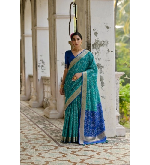 Women's Silk_Blend Ethnic Ikat Pattern Saree With Unstitched Blouse 5.5Mtr (Teal)