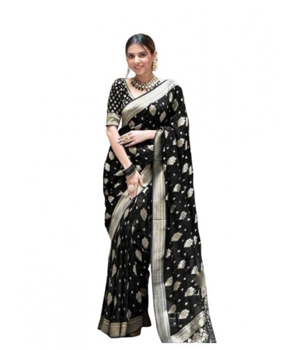 Women's Soft Lichi Silk Printed Saree With Unstitched Blouse 5.5Mtr (Black)