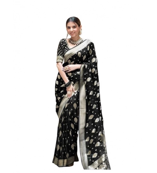 Women's Soft Lichi Silk Printed Saree With Unstitched Blouse 5.5Mtr (Black)