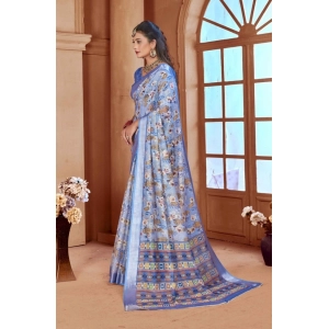 Generic Women's Printed Cotton Linen Saree withPrinted  Saree With Unstitched Blouse (Blue, 5-6Mtrs)