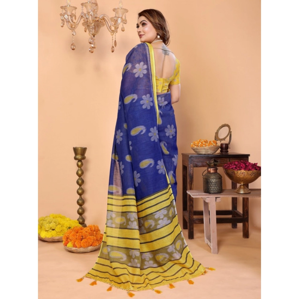 Women's Linen Cotton Printed Saree With Unstitched Blouse 5.5Mtr (Blue)