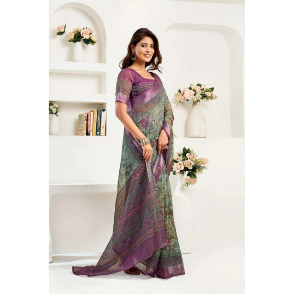 Women's Linen Cotton Printed Ready To Wear Saree With Unstitched Blouse 5.5 Mtr (Multicolor)
