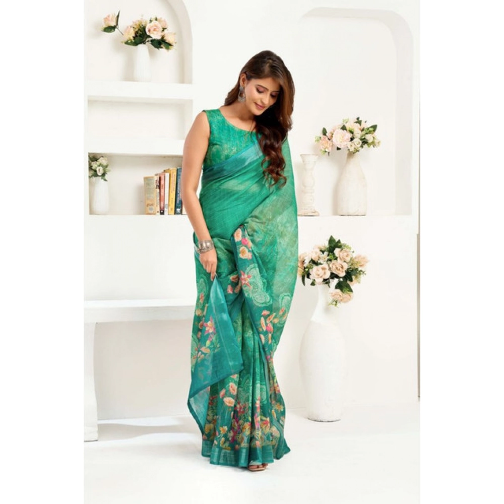 Women's Linen Cotton Printed Ready To Wear Saree With Unstitched Blouse 5.5 Mtr (Green)