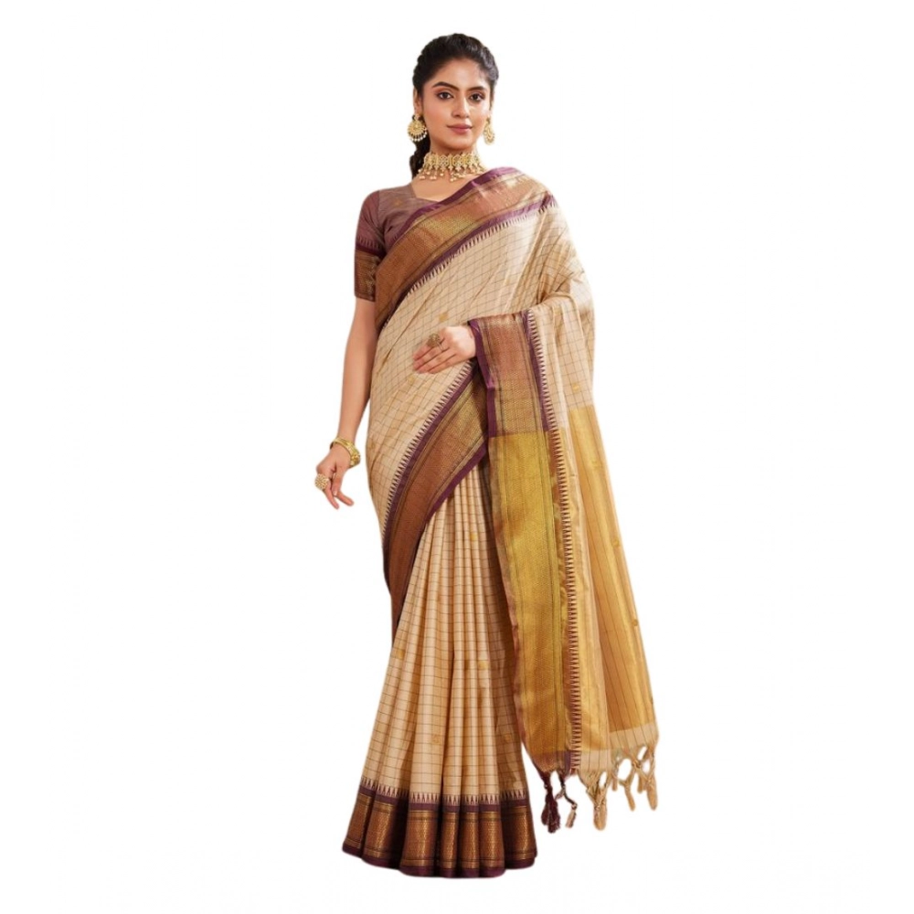 Women's Silk Blended Jaquard Woven Saree With Unstitched Blouse 5.5Mtr (Beige) Women's Silk Blended Jaquard Woven Saree With Unstitched Blouse 5.5Mtr (Beige)