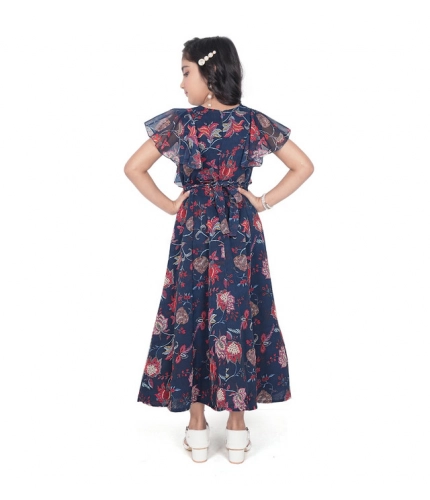 Girl's Shiffon Printed Short Sleeve Round Neck Dress (Blue)