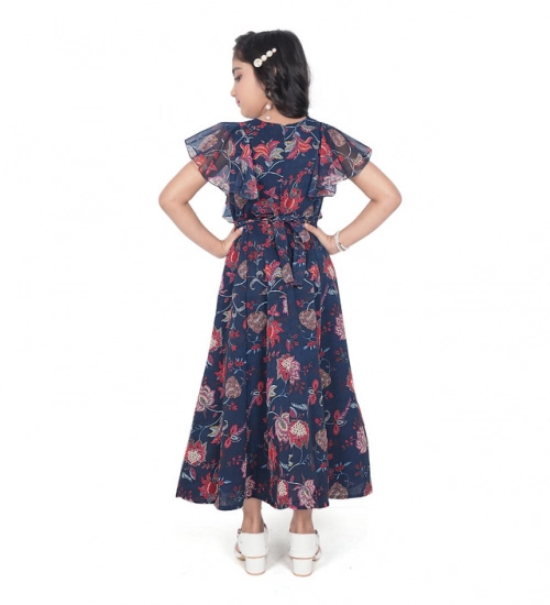 Girl's Shiffon Printed Short Sleeve Round Neck Dress (Blue) Girl's Shiffon Printed Short Sleeve Round Neck Dress (Blue)