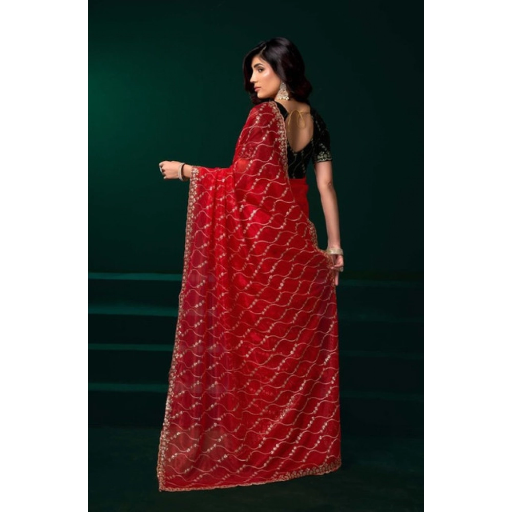Women's Net Sequence Saree With Unstitched Blouse 5.5Mtr (Red) Women's Net Sequence Saree With Unstitched Blouse 5.5Mtr (Red)