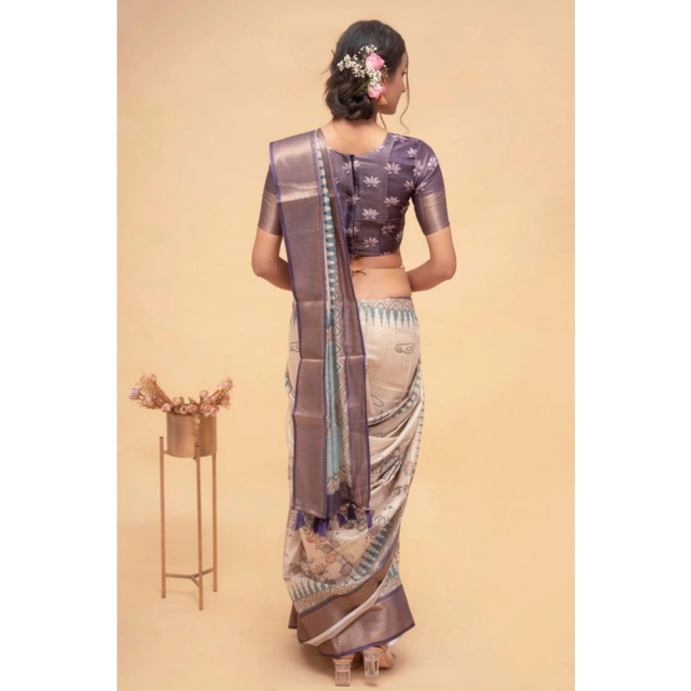 Women's Polyester Printed Saree With Unstitched Blouse 5.5 Mtr (Off-White)