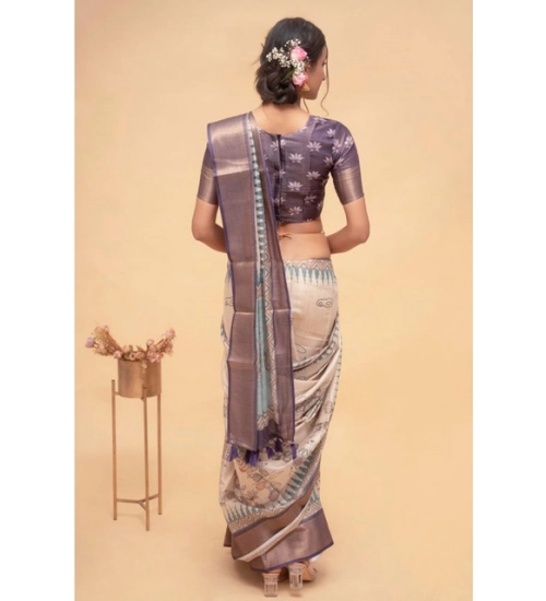 Women's Polyester Printed Saree With Unstitched Blouse 5.5 Mtr (Off-White)