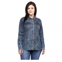 Women's Denim Solid Long Sleeves Shirt (Blue)