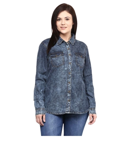 Women's Denim Solid Long Sleeves Shirt (Blue)