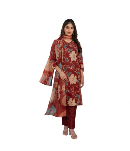 Women's Cotton Blend Printed Kurti With Pant Dupatta Set (Rust)