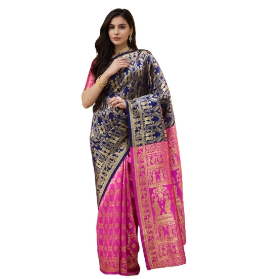 Women's Silk Blend Zari Weaving Saree With Unstitched Blouse 5.5Mtr (Navy)