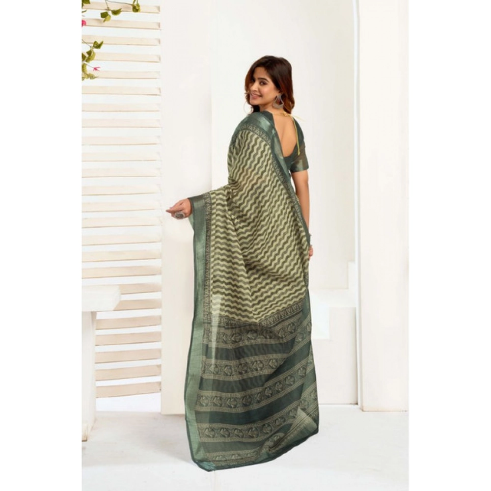 Women's Linen Cotton Printed Ready To Wear With Pocket Saree With Unstitched Blouse 5.5 Mtr (Olive)
