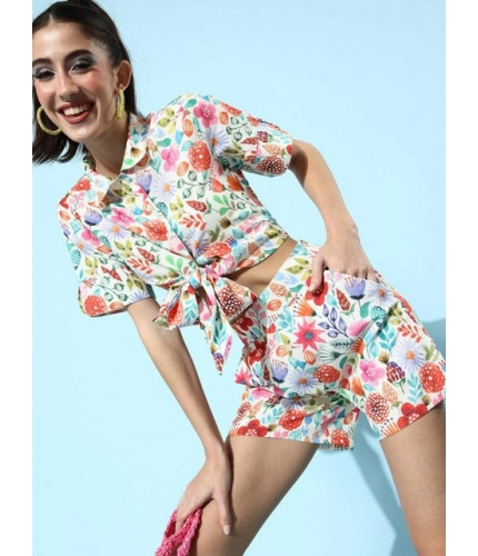 Women's Polyester Floral Short Sleeve Co-Ord Set (Multicolor)