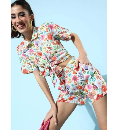 Women's Polyester Floral Short Sleeve Co-Ord Set (Multicolor)