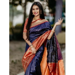 Generic Women's Litchi silk Printed Saree With Unstitched Blouse (Blue)